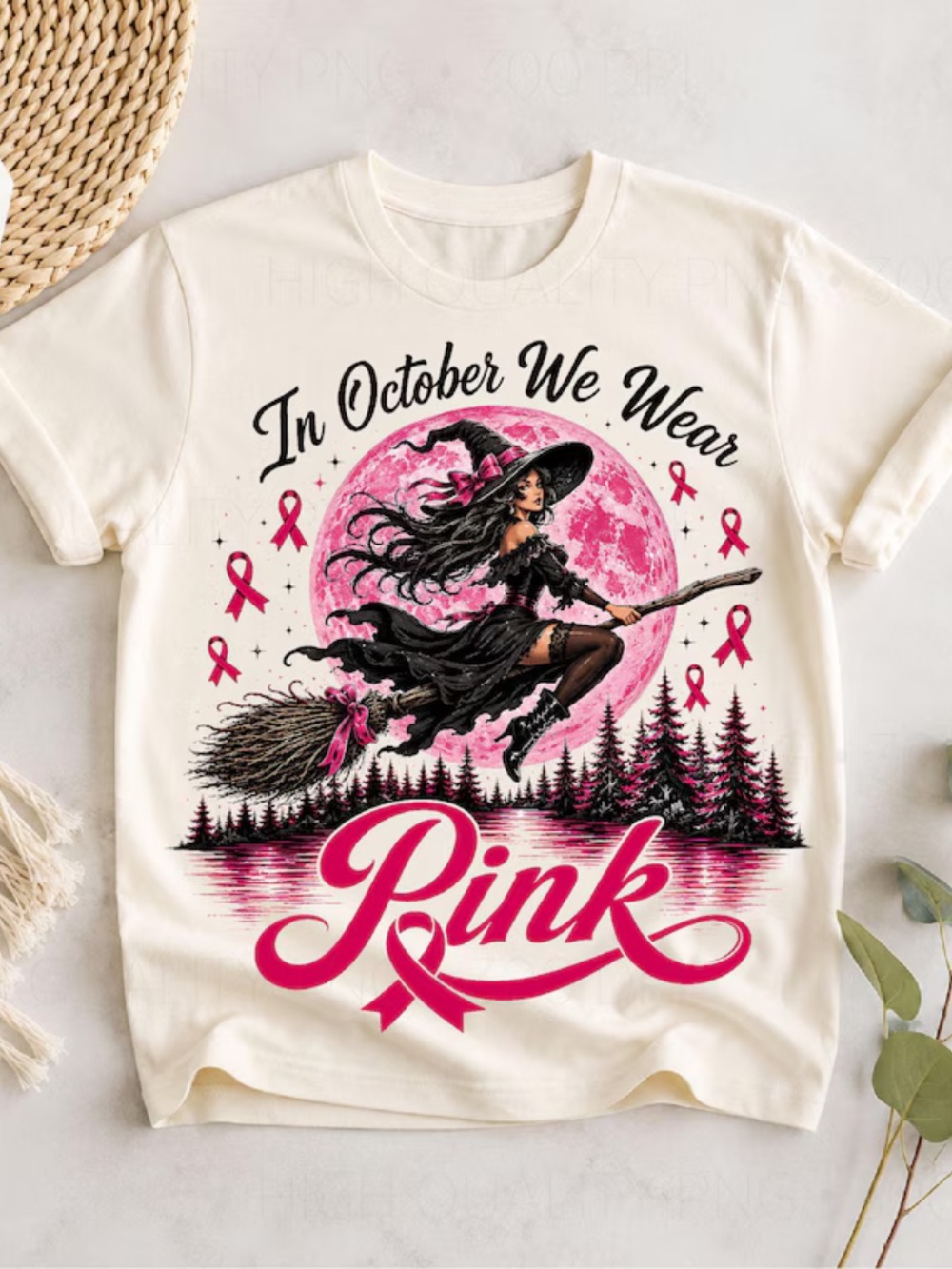 In October We Wear Pink Tee, Gildan Witch Graphic T-Shirt, Vintage Retro Style